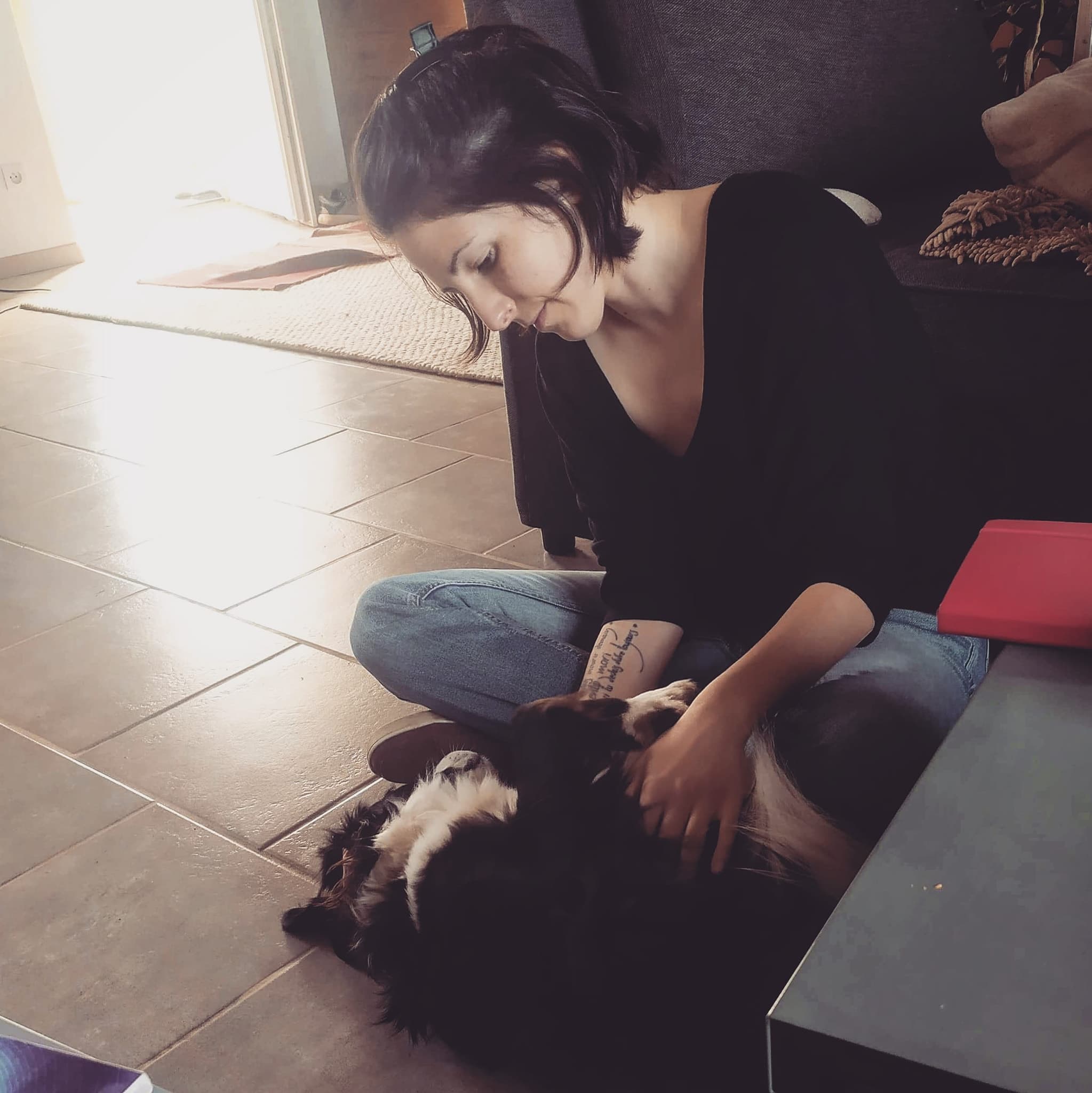 Chienne anxieuse face aux humains qui est couchée, totalement détendue, près de Céline qui la masse