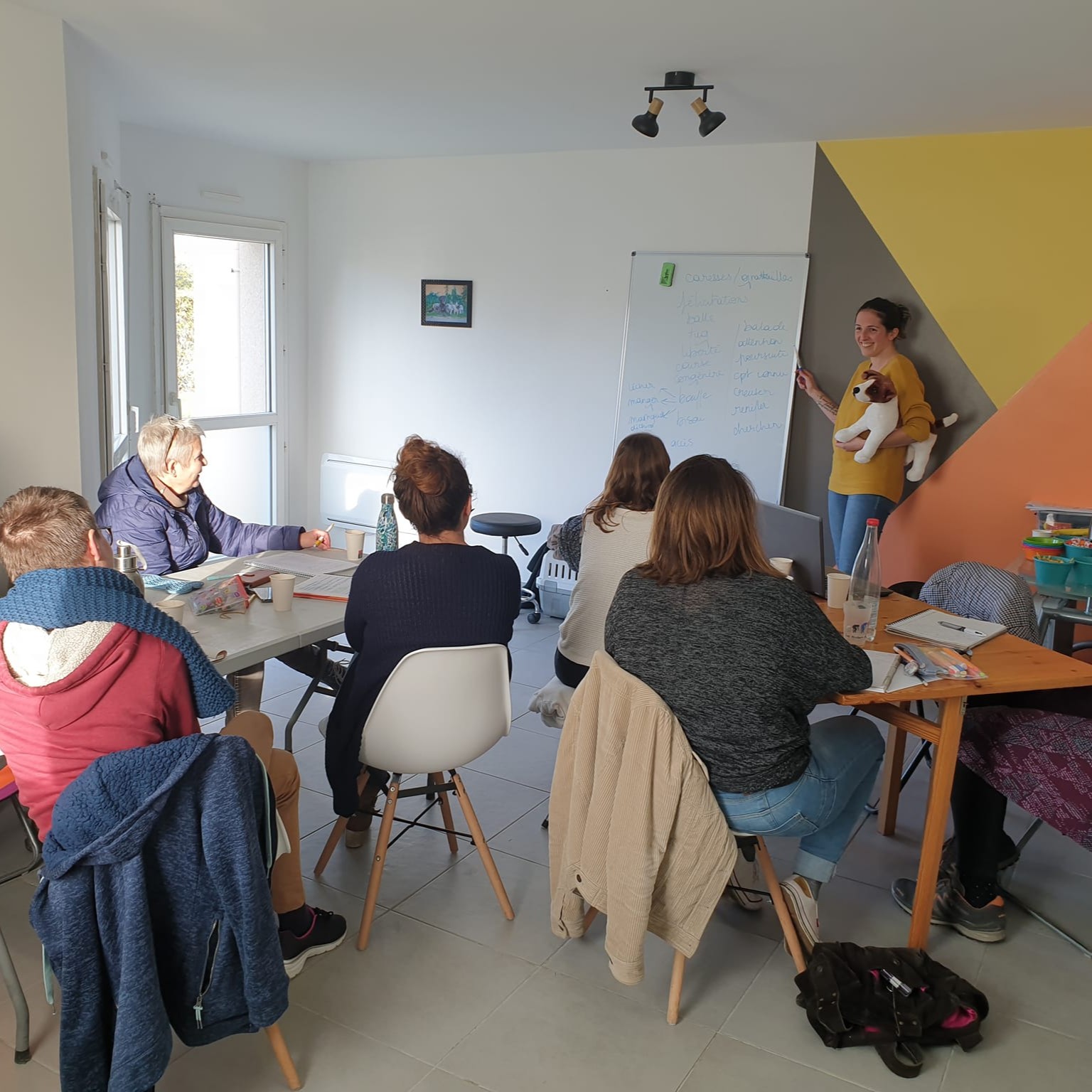 Céline donnant cours à ses stagiaires dans une salle de consultation d'ostéopathie